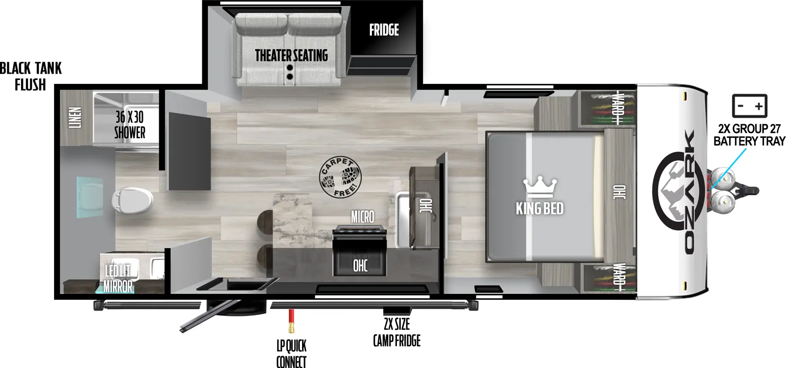 The 2430RBK has one slideout and one entry. Exterior features front 2x group 27 battery tray, 2x size camp refrigerator, LP quick connect, and black tank flush. Interior layout front to back: foot-facing king bed with overhead cabinets and wardrobes on each side; kitchen with sink and countertop that wraps from inner wall to door side with overhead cabinets, microwave, cooktop, and continues to wrap to peninsula with seating, and entry; off-door side slideout with refrigerator and theater seating; rear full bathroom with linen closet and LED lit mirror. Carpet Free Interior.